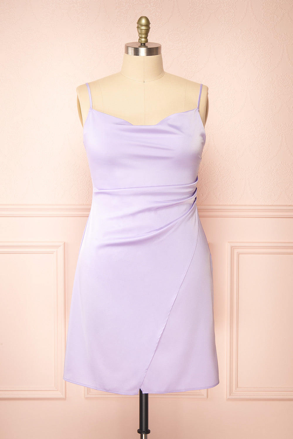 Zaina Lilac Cowl Neck Satin Slip Dress | Boutique 1861 front plus size