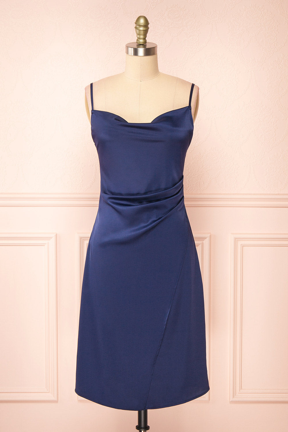 Zaina Navy Cowl Neck Satin Slip Dress | Boutique 1861 front view