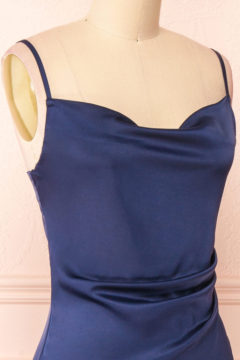 Zaina Navy Cowl Neck Satin Slip Dress | Boutique 1861 side close-up