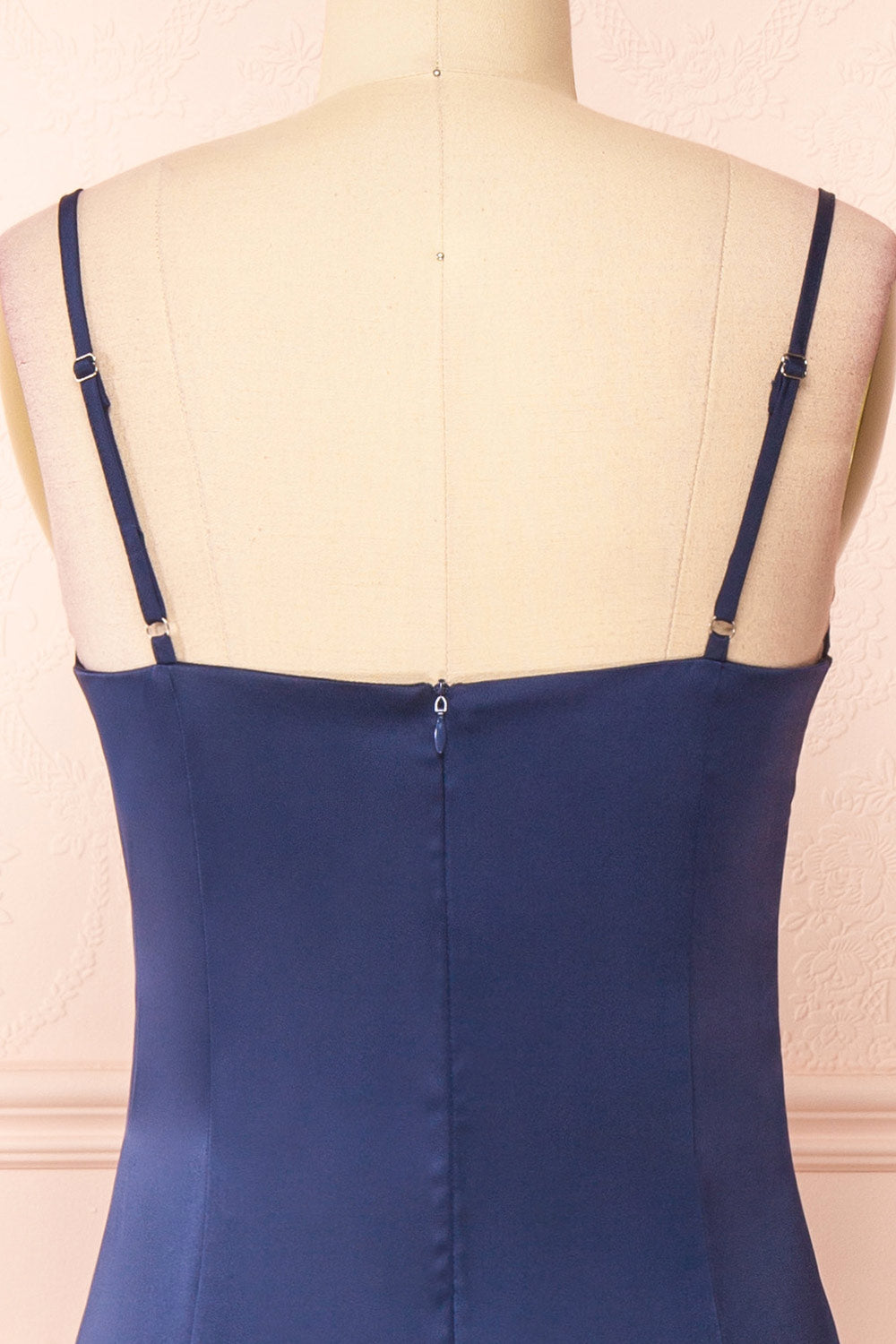 Zaina Navy Cowl Neck Satin Slip Dress | Boutique 1861 back close-up