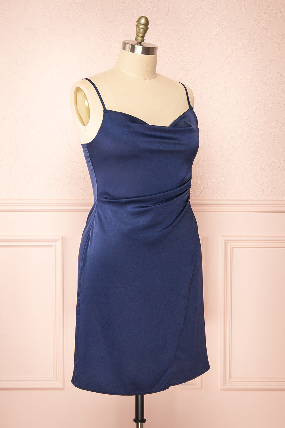 Zaina Navy Cowl Neck Satin Slip Dress | Boutique 1861 side plus size