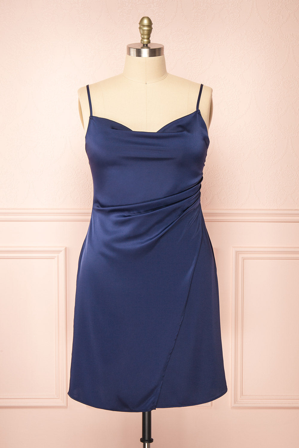 Zaina Navy Cowl Neck Satin Slip Dress | Boutique 1861 front plus size