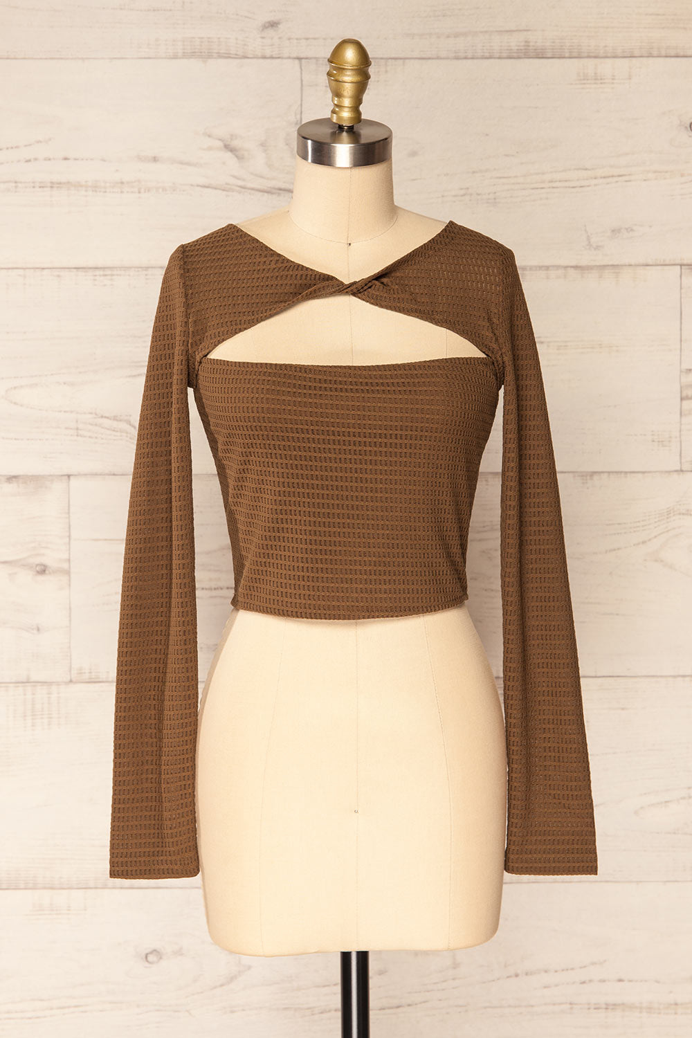 Zayna Brown Twist Front Long Sleeve Top | La petite garçonne front view