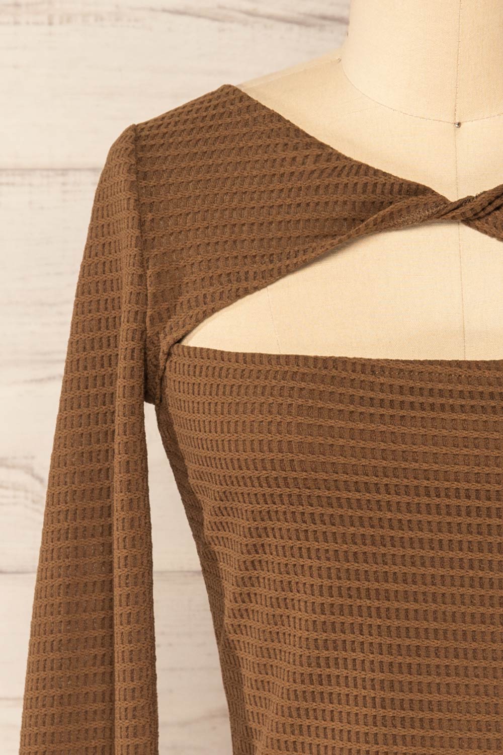 Zayna Brown Twist Front Long Sleeve Top | La petite garçonne front close-up