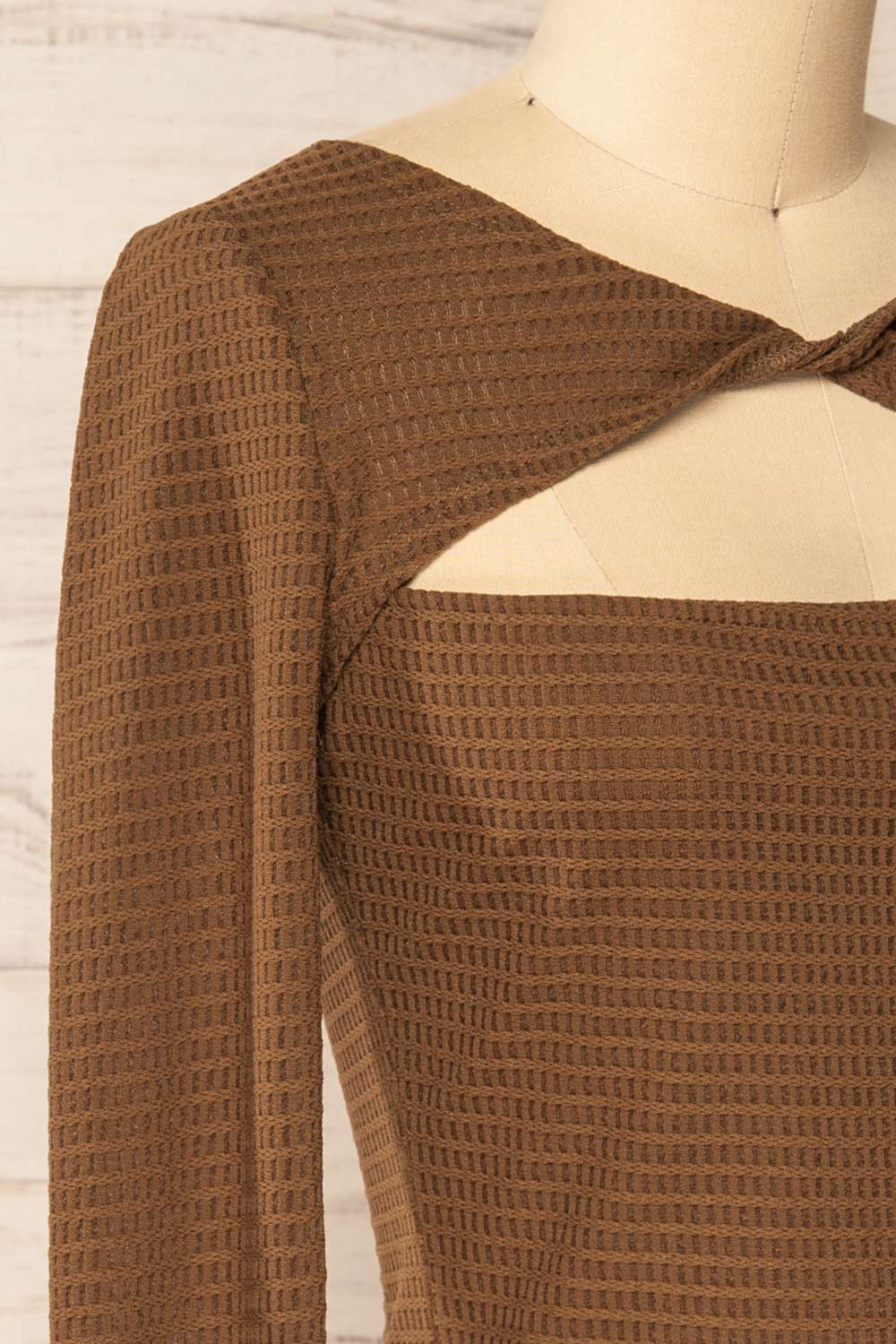 Zayna Brown Twist Front Long Sleeve Top | La petite garçonne side close-up