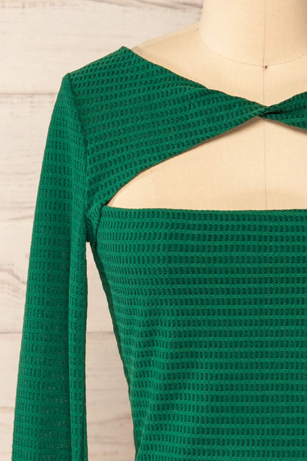 Zayna Green Twist Front Long Sleeve Top | La petite garçonne front close-up