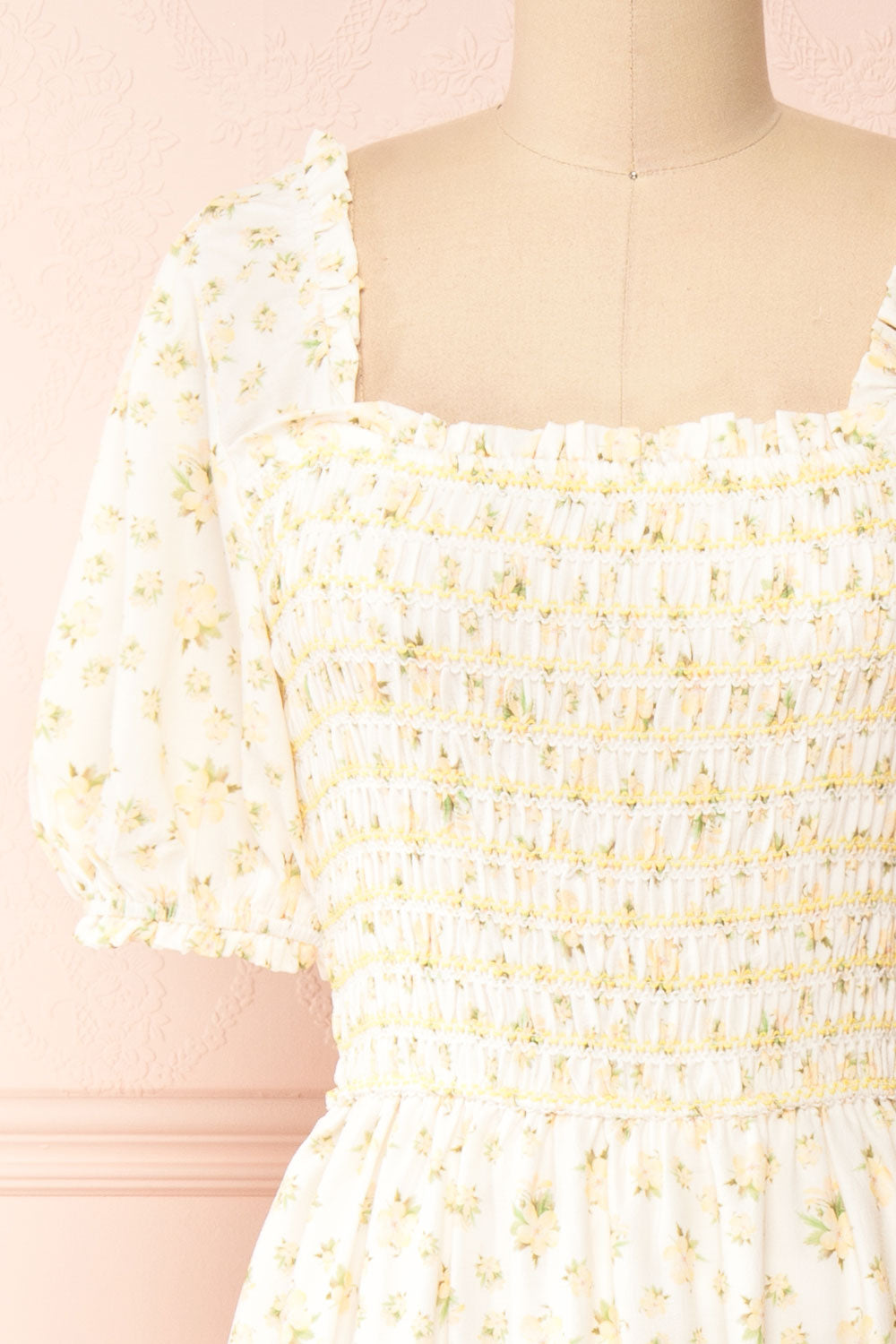 Zeinab Yellow Floral Midi Dress | Boutique 1861 front close-up