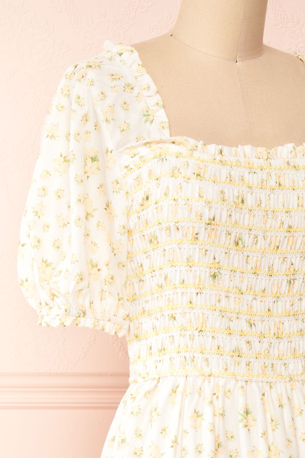 Zeinab Yellow Floral Midi Dress | Boutique 1861 side close-up