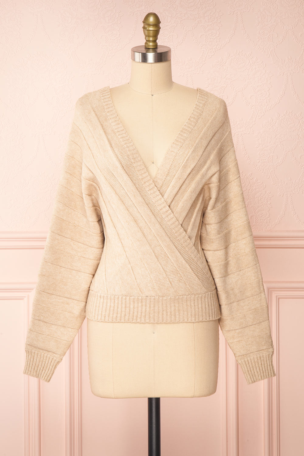 Zora Beige Long Sleeve Faux Wrap Crop Top | Boutique 1861 front view