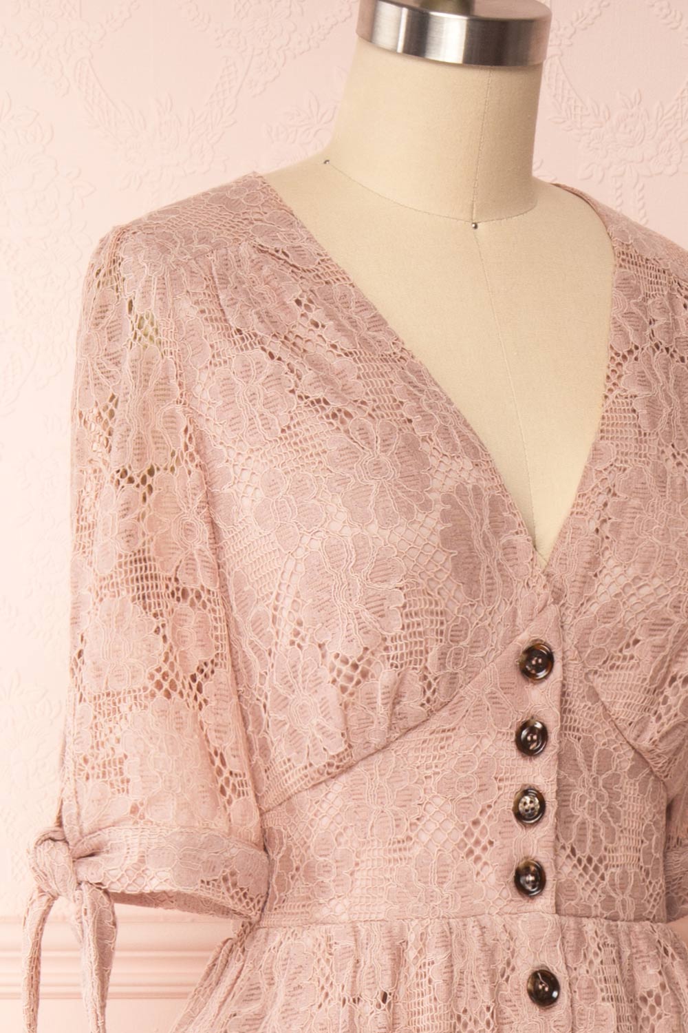 Zorina Pink Floral Lace Button-Up Midi Dress | Boutique 1861 side close-up