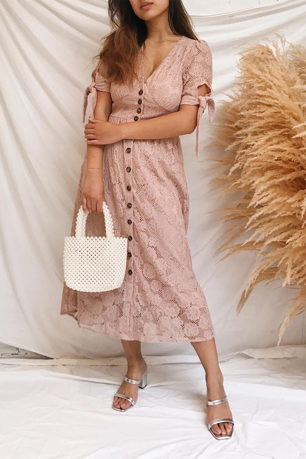 Zorina Pink Floral Lace Button-Up Midi Dress | Boutique 1861 on model