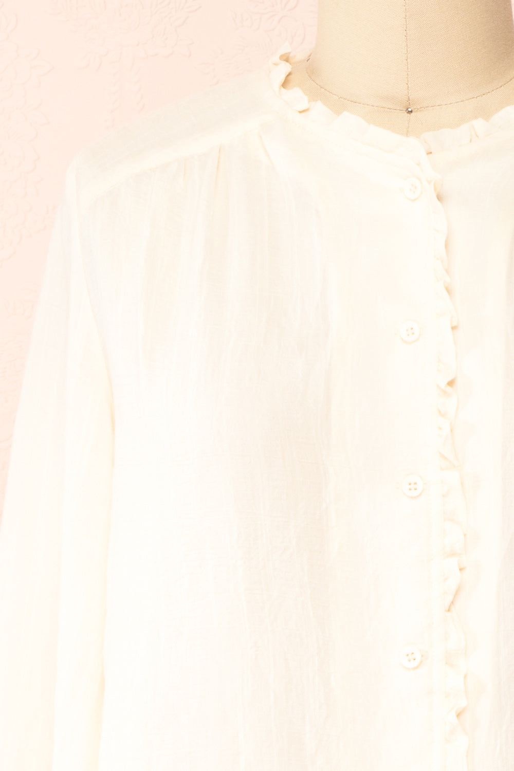 Zuri Button-Up Blouse w/ Ruffles | Boutique 1861 front close-up