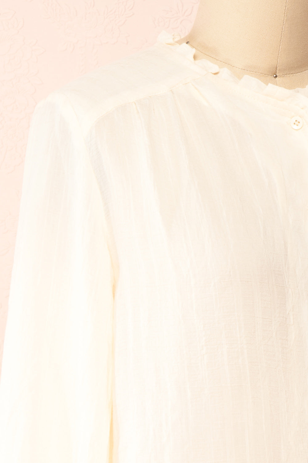 Zuri Button-Up Blouse w/ Ruffles | Boutique 1861 side close-up