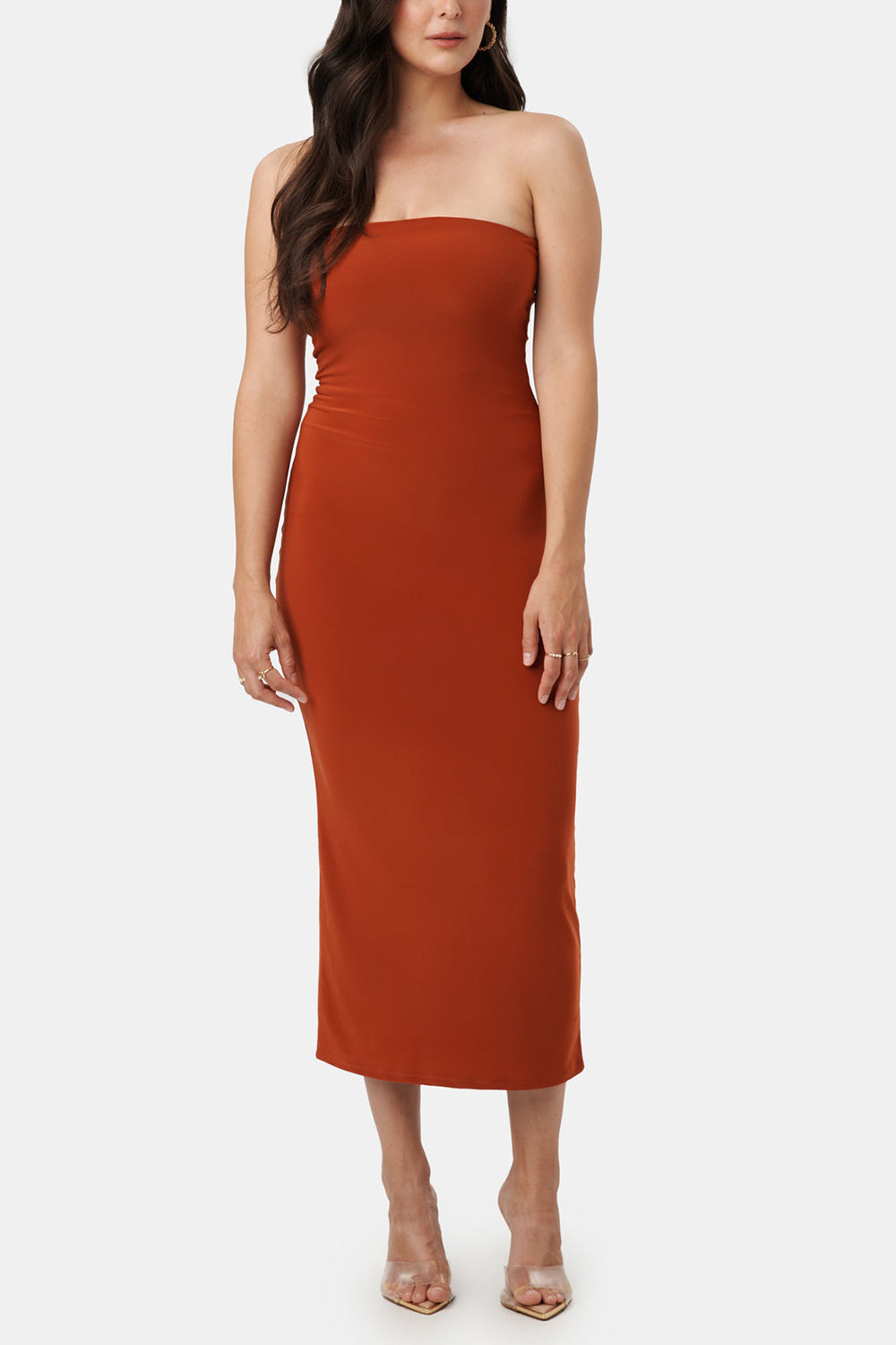 Victorya Rust Strapless Fitted Midi Dress | La petite garçonne front model