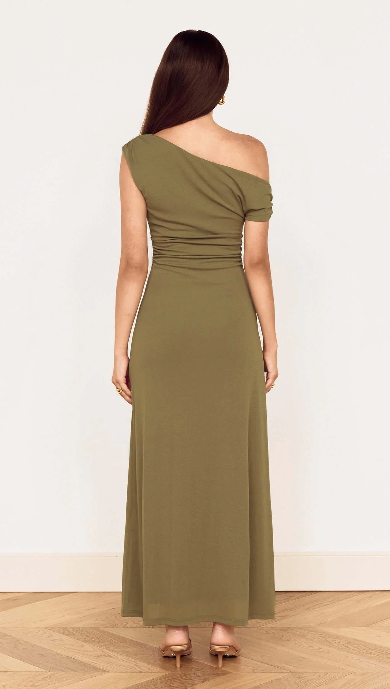 back of a woman wearing Bavaria Khaki Asymmetrical Long Dress from La petite garçonne