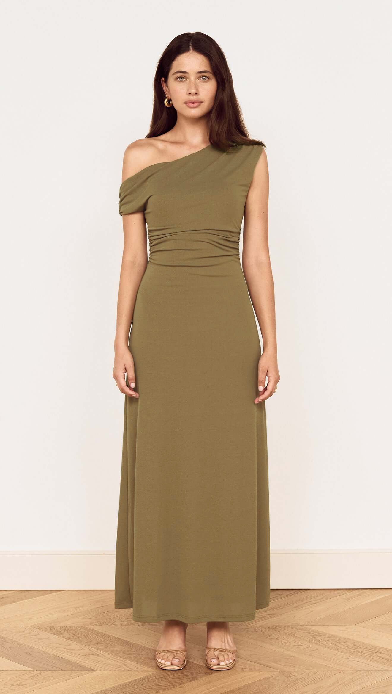 front of a woman wearing Bavaria Khaki Asymmetrical Long Dress from La petite garçonne