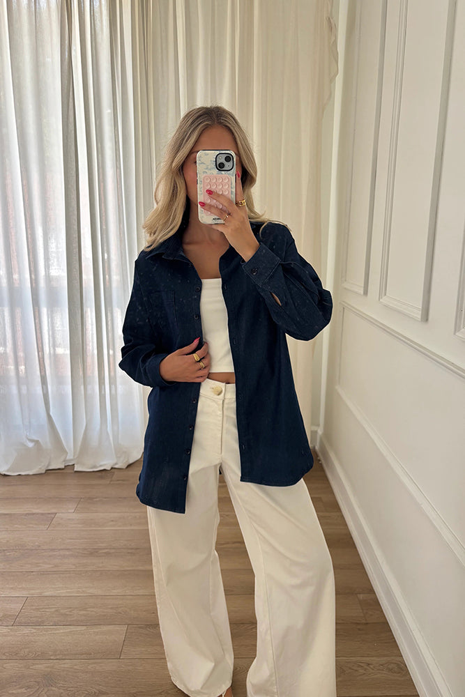 Blairr Chemise Marine | Chemise en Denim Marine Surdimensionnée à Boutons par Dailystory