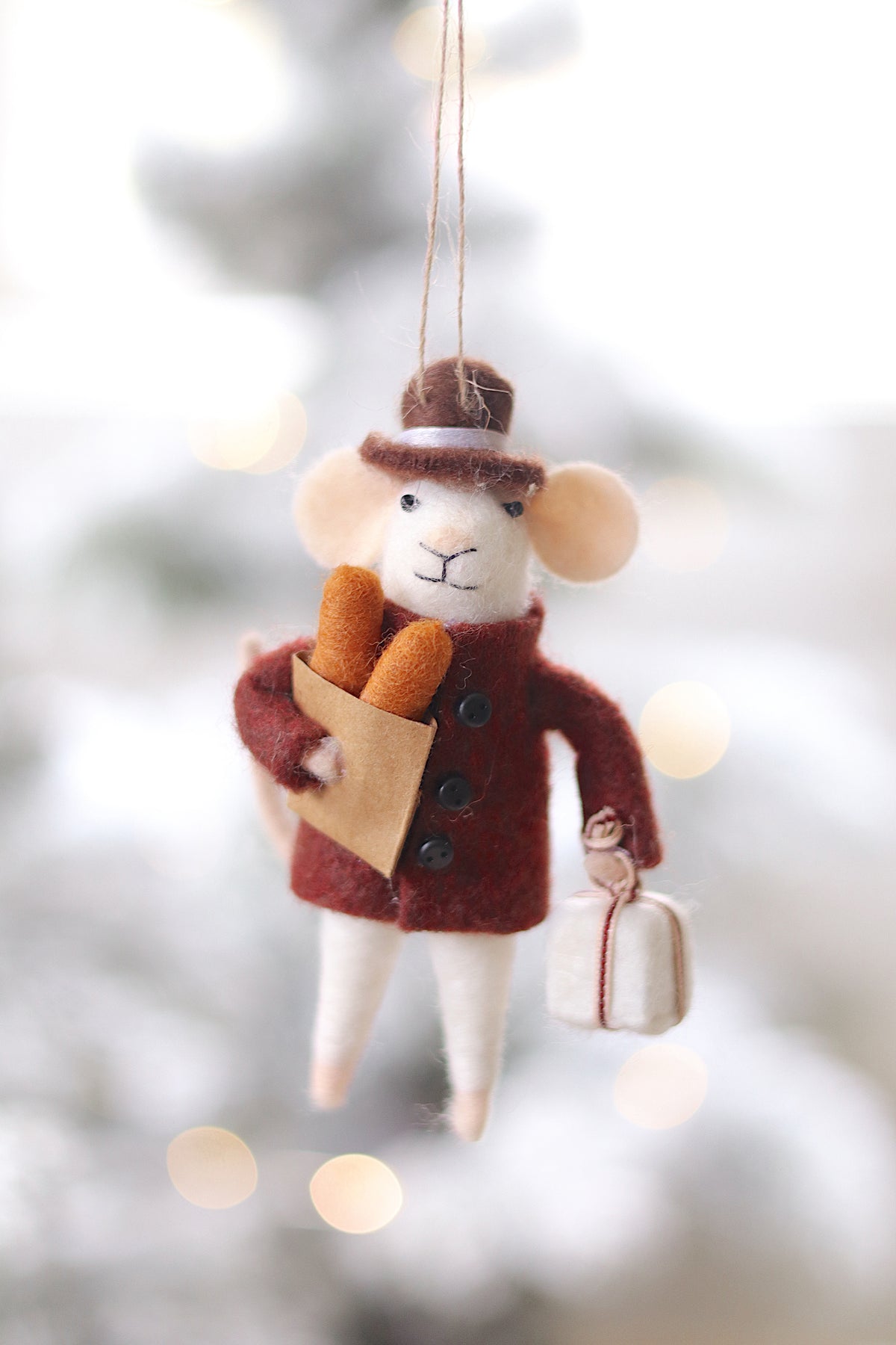lifestyle view of baguette benoit Christmas Errands Holiday Mouse Ornament - 3 Options at Maison garçonne  
