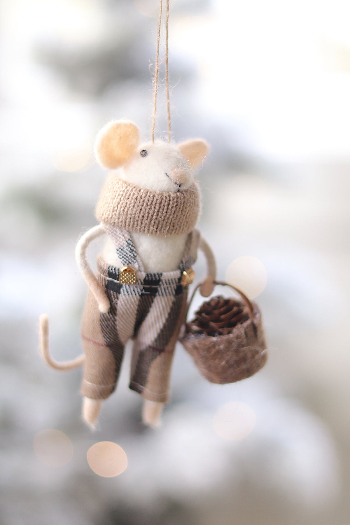 lifestyle view of tartan tim Senior Holiday Mouse Ornament - 3 Options at Holiday Ornament
