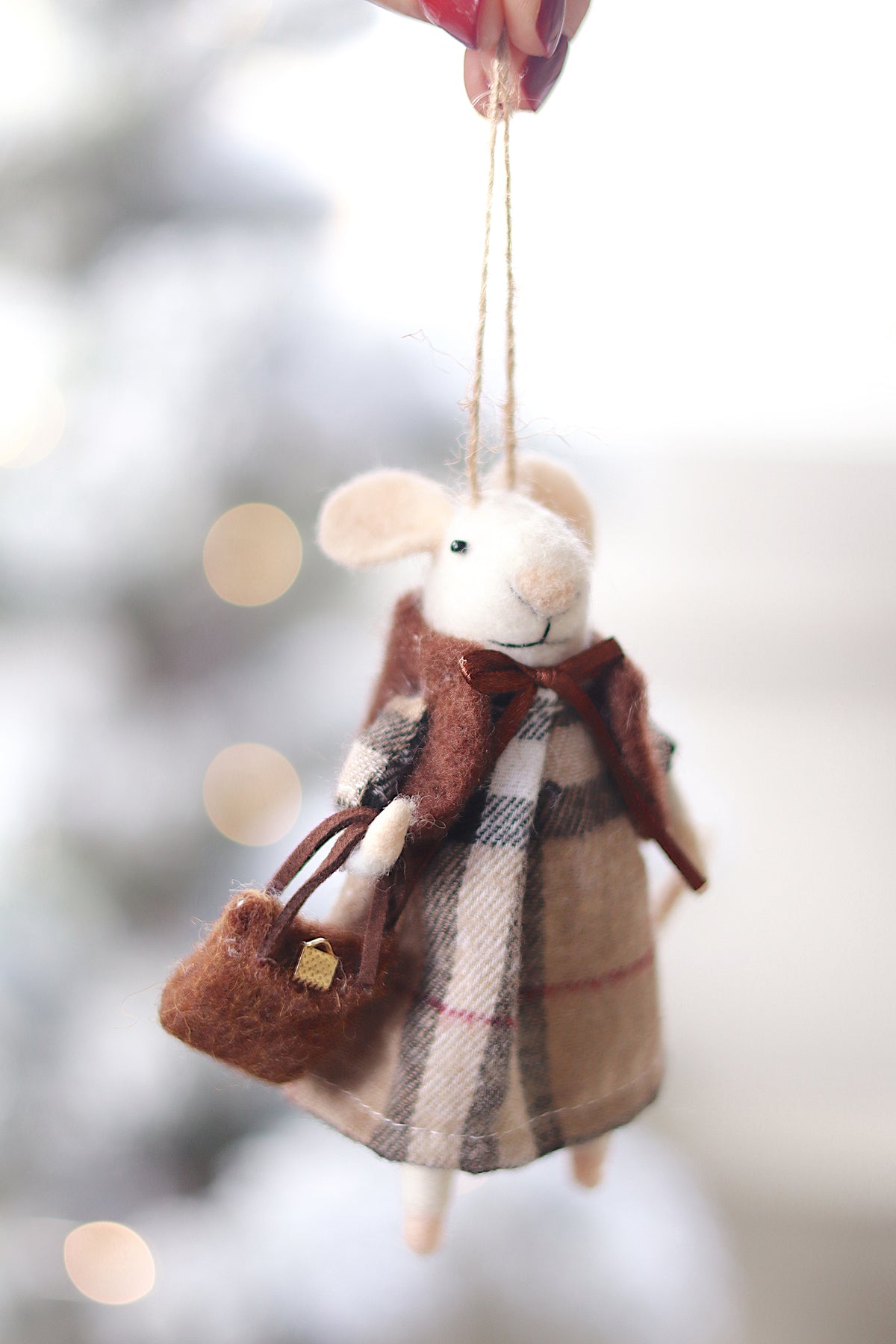 lifestyle view of tartan tessa Senior Holiday Mouse Ornament - 3 Options at Holiday Ornament