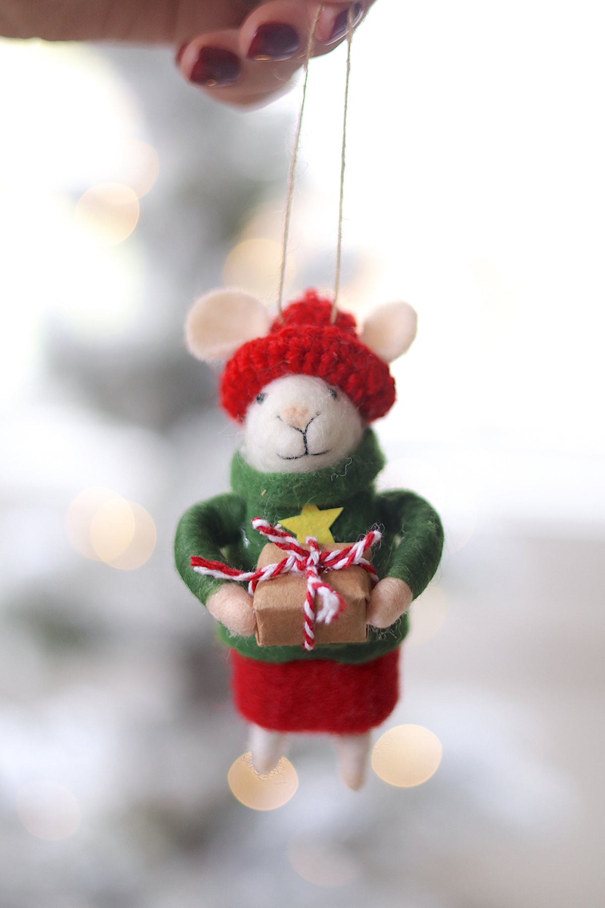 lifestyle view of gift-giving gertie Gifting Holiday Mouse Ornament - 3 Options at Maison garçonne