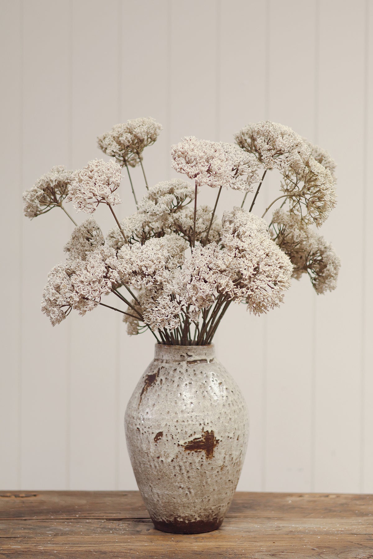  close up of artificial dried flower stems with round beige blooms arranged diagonally on a light wood grain background from maison garçonne boutique in montreal.
