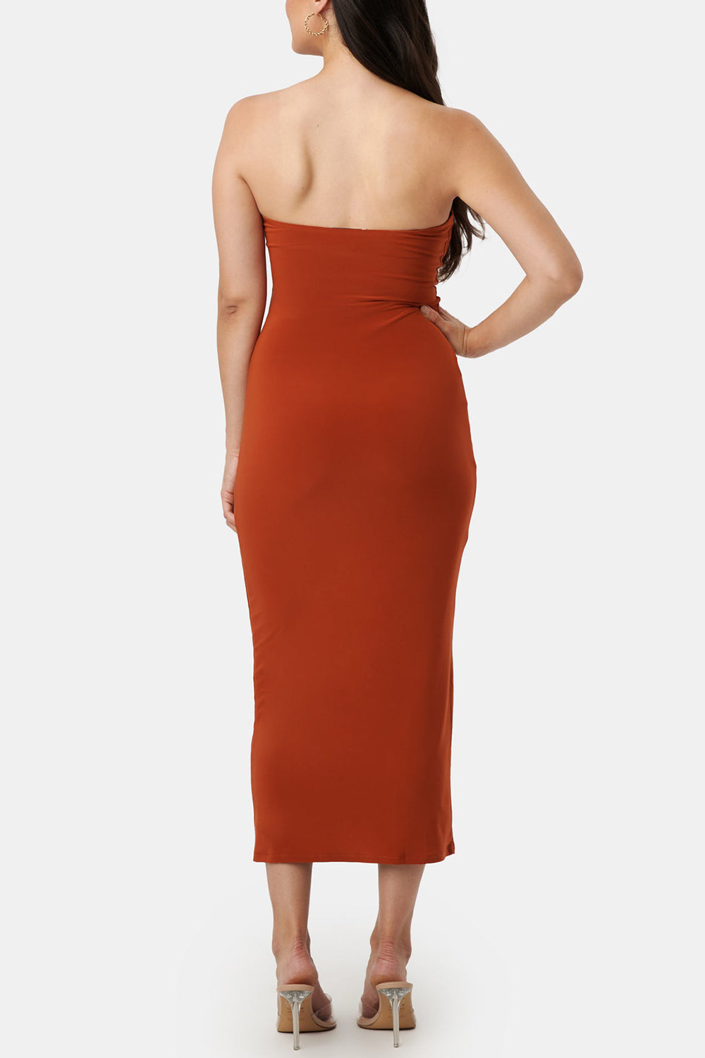 Victorya Rust Strapless Fitted Midi Dress | La petite garçonne back model