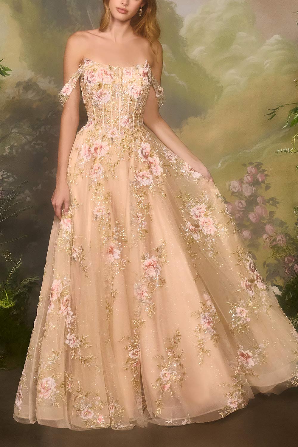 front of a woman wearing Alice A-Line Floral Champagne Maxi Dress from Boutique 1861