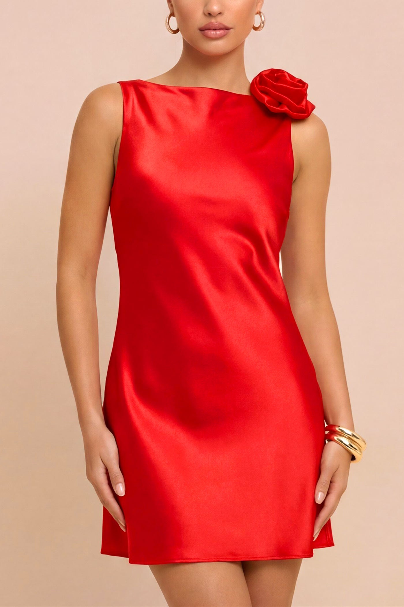 front view of a woman wearing Abdela Red Satin Short Dress with Low Open Back from Boutique 1861 