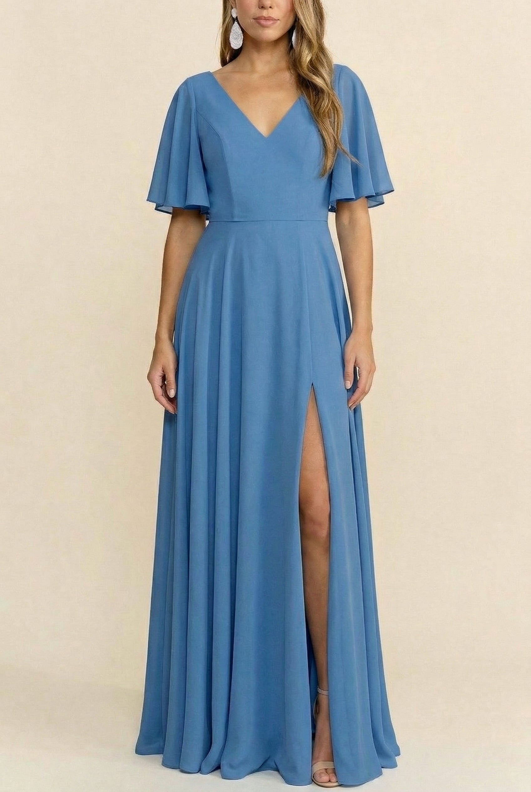 woman wearing  Adelphia Blue V-Neck Chiffon Maxi Dress from Boutique 1861