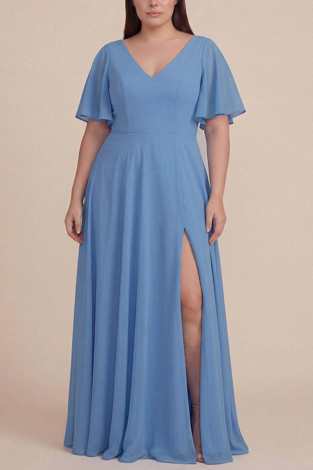 plus size woman wearing  Adelphia Blue V-Neck Chiffon Maxi Dress from Boutique 1861