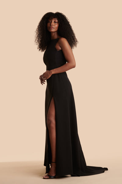 Elenova Black High Neck Gown w/ Train | Boutique 1861 side model