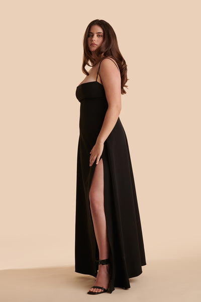 Izabella Black A-line Maxi Dress w/ Open Back | Boudoir 1861  side model