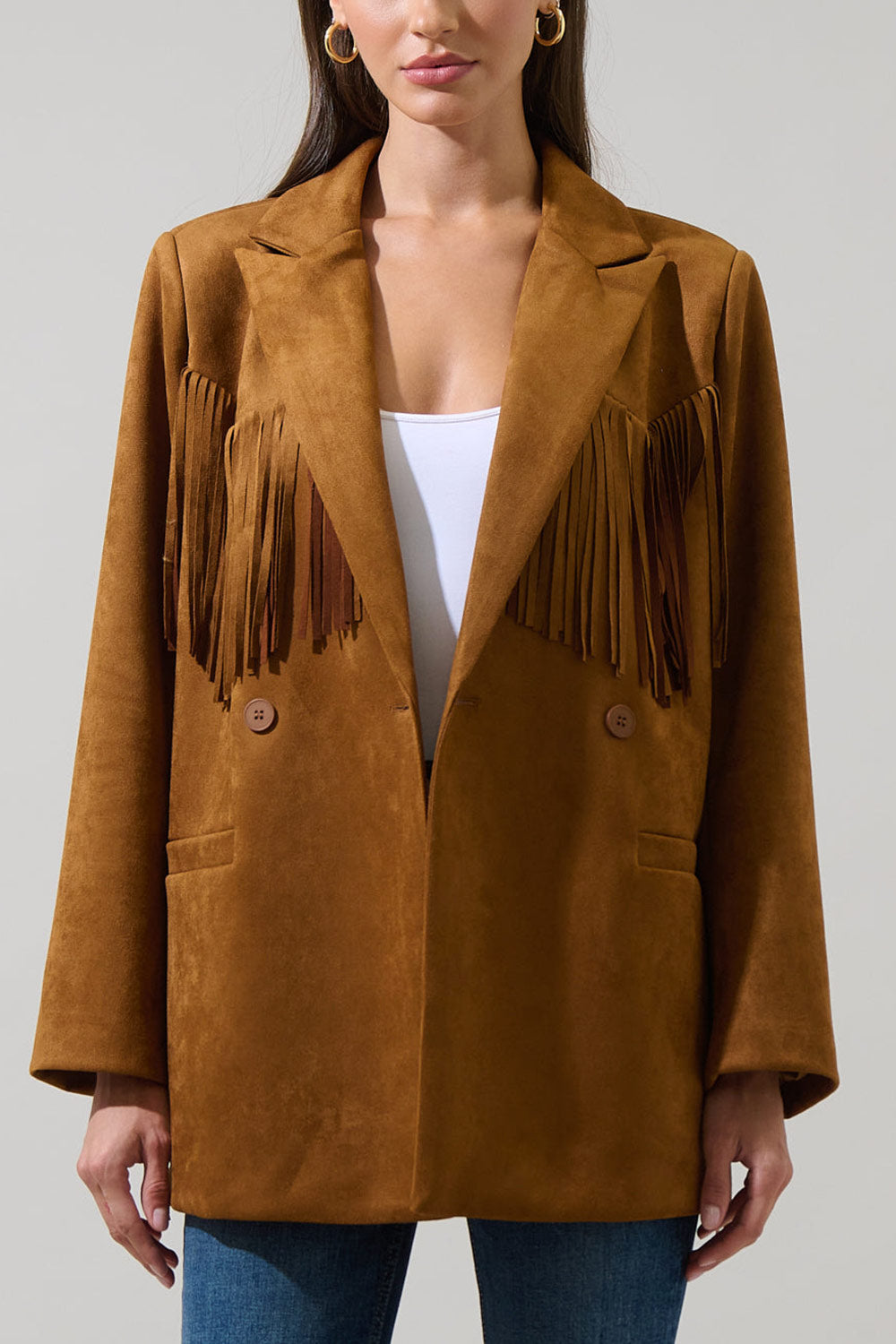 Aiken Brown Faux Suede Jacket with Fringes | La petite garçonne front model