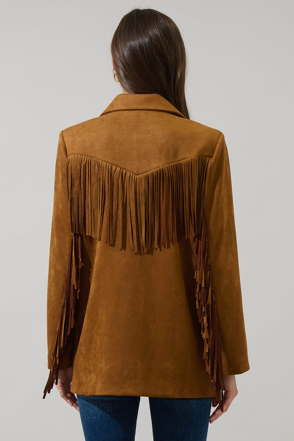 Aiken Brown Faux Suede Jacket with Fringes | La petite garçonne back model