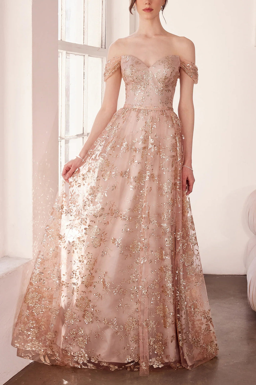  women wearing Alienor Taupe Glittery Off the Shoulder Maxi Dress from Boutique 1861