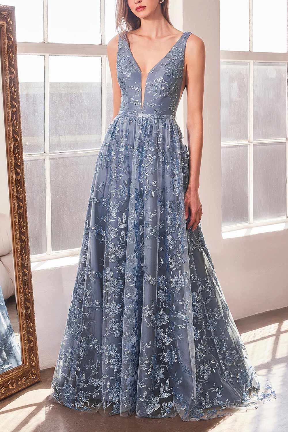 Alix Blue Grey Glittery V-Neck Maxi Dress | Boutique 1861 front view on model