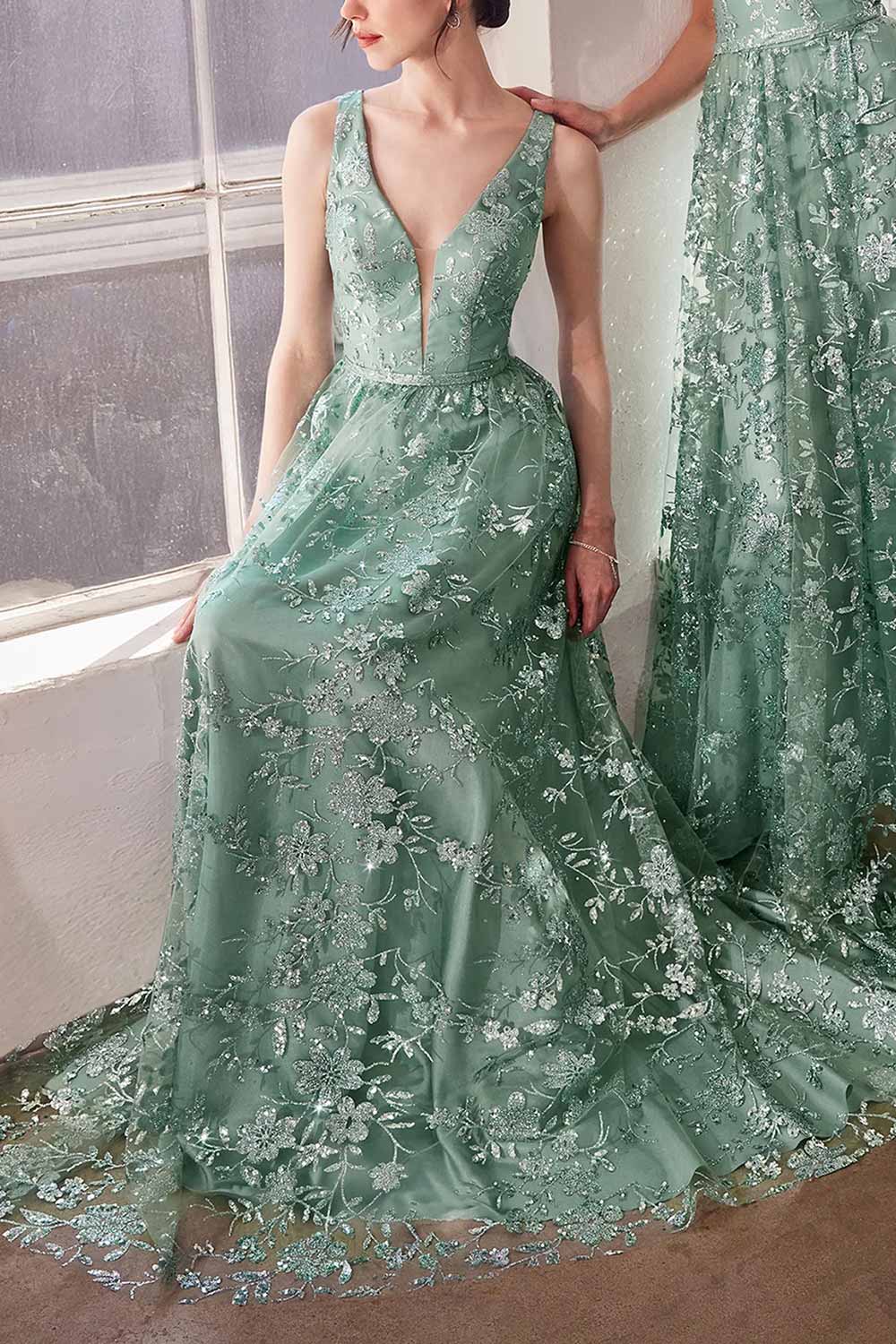 Alix Teal Glittery V-Neck Maxi Dress | Boutique 1861 side view on model