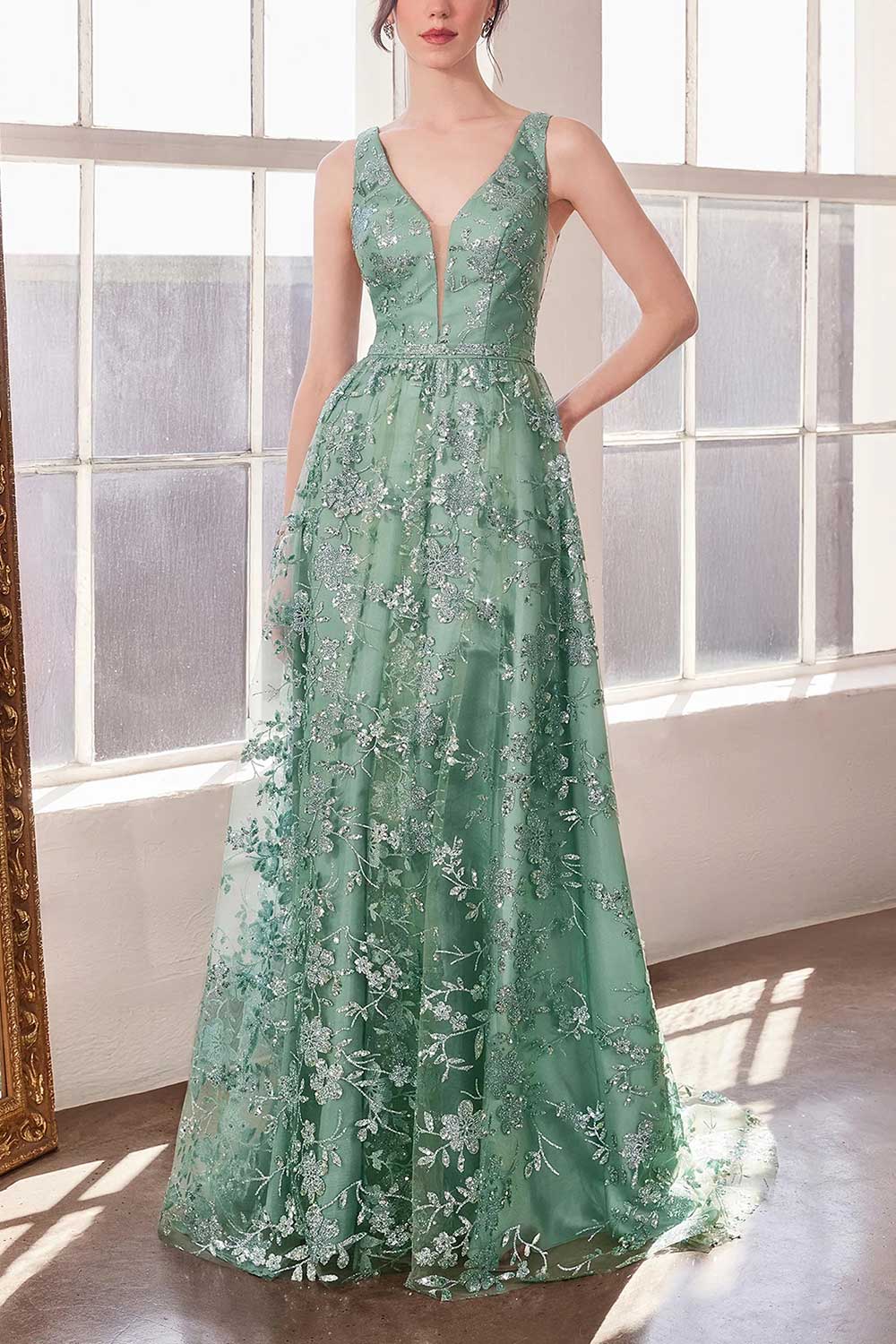 Alix Teal Glittery V-Neck Maxi Dress | Boutique 1861 front view on model