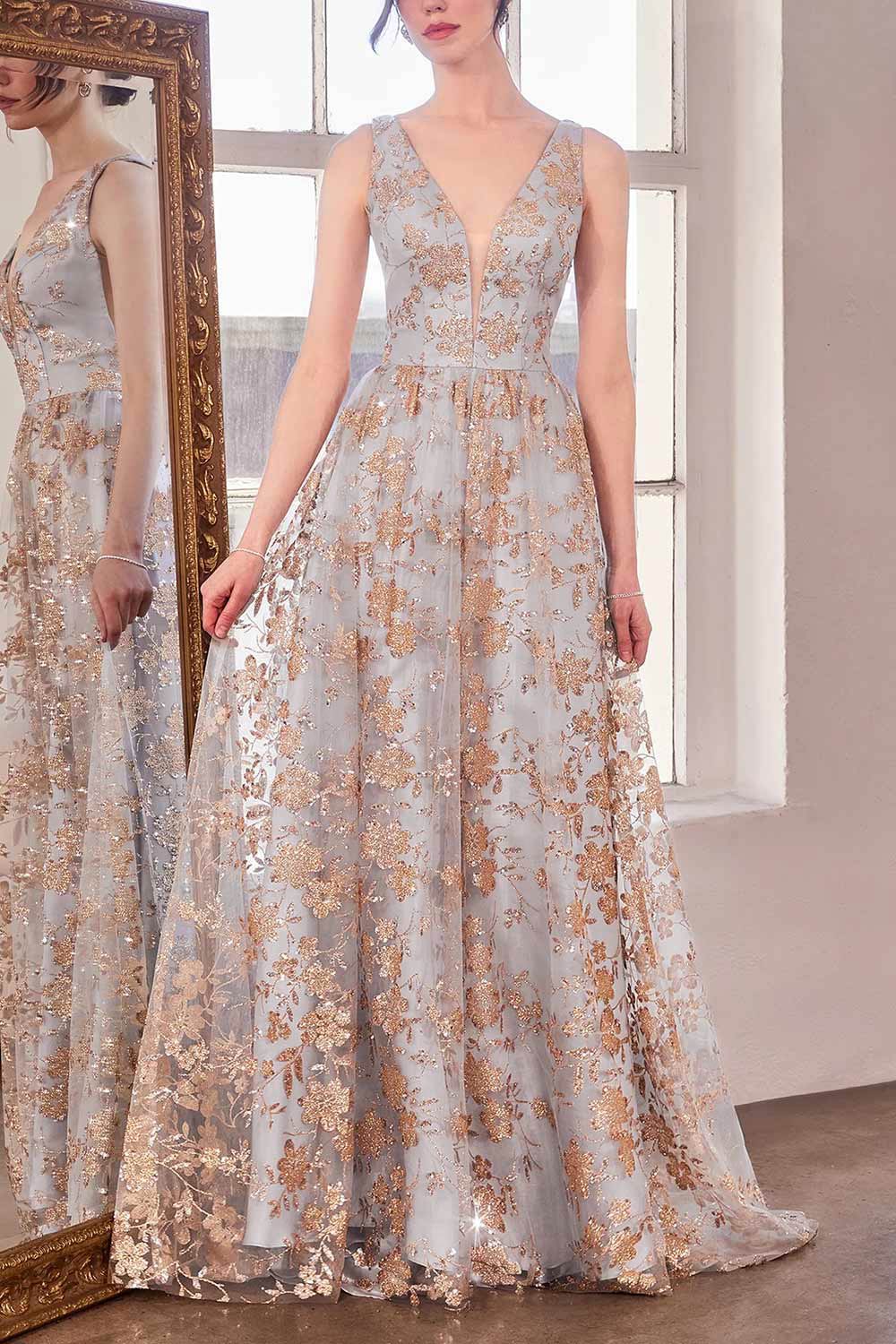 Alix Blue Grey Glittery V-Neck Maxi Dress | Boutique 1861 front view on model