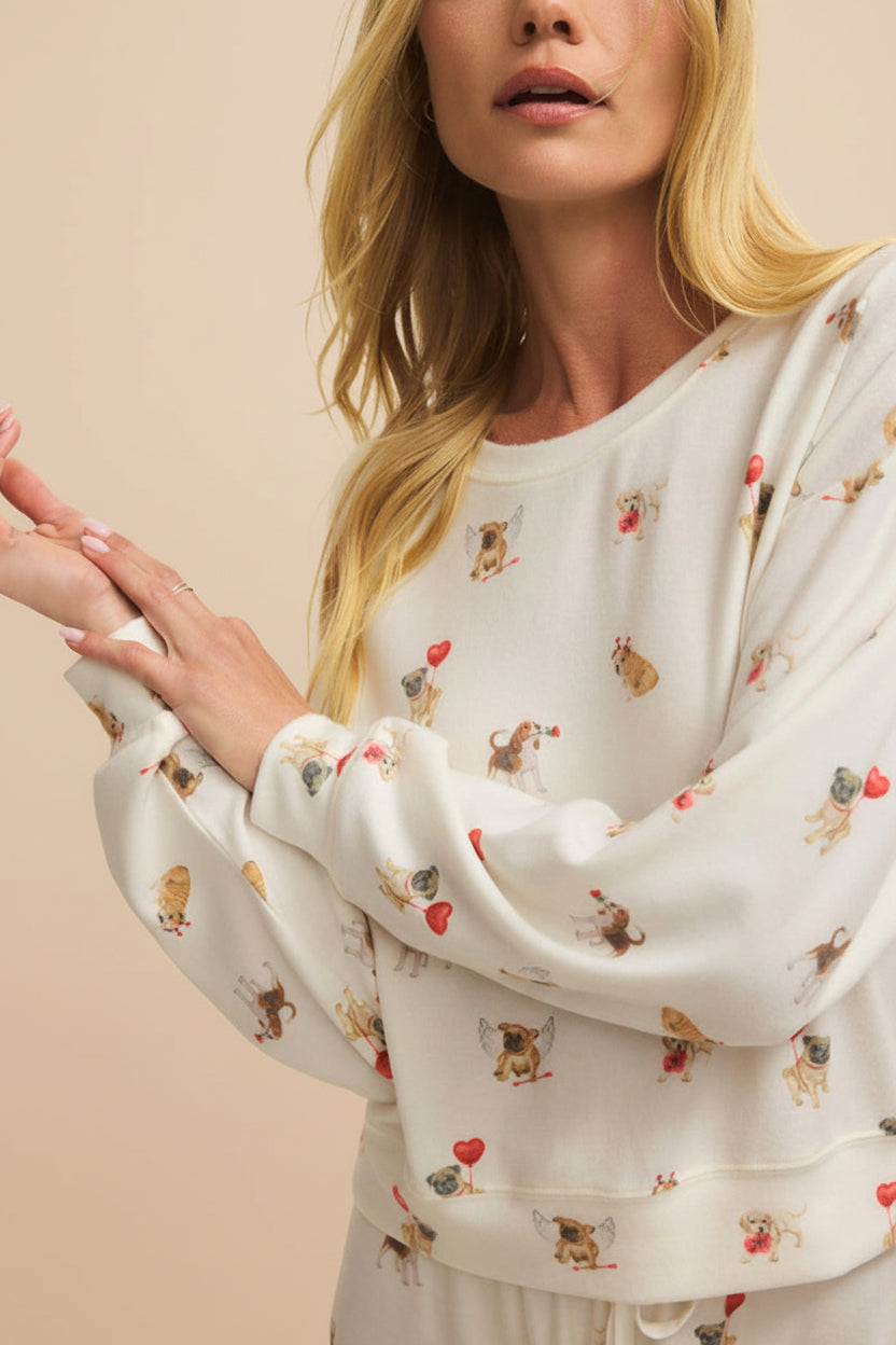 woman wearing Almora White Long Sleeves Top with Dog Print from La petite garçonne