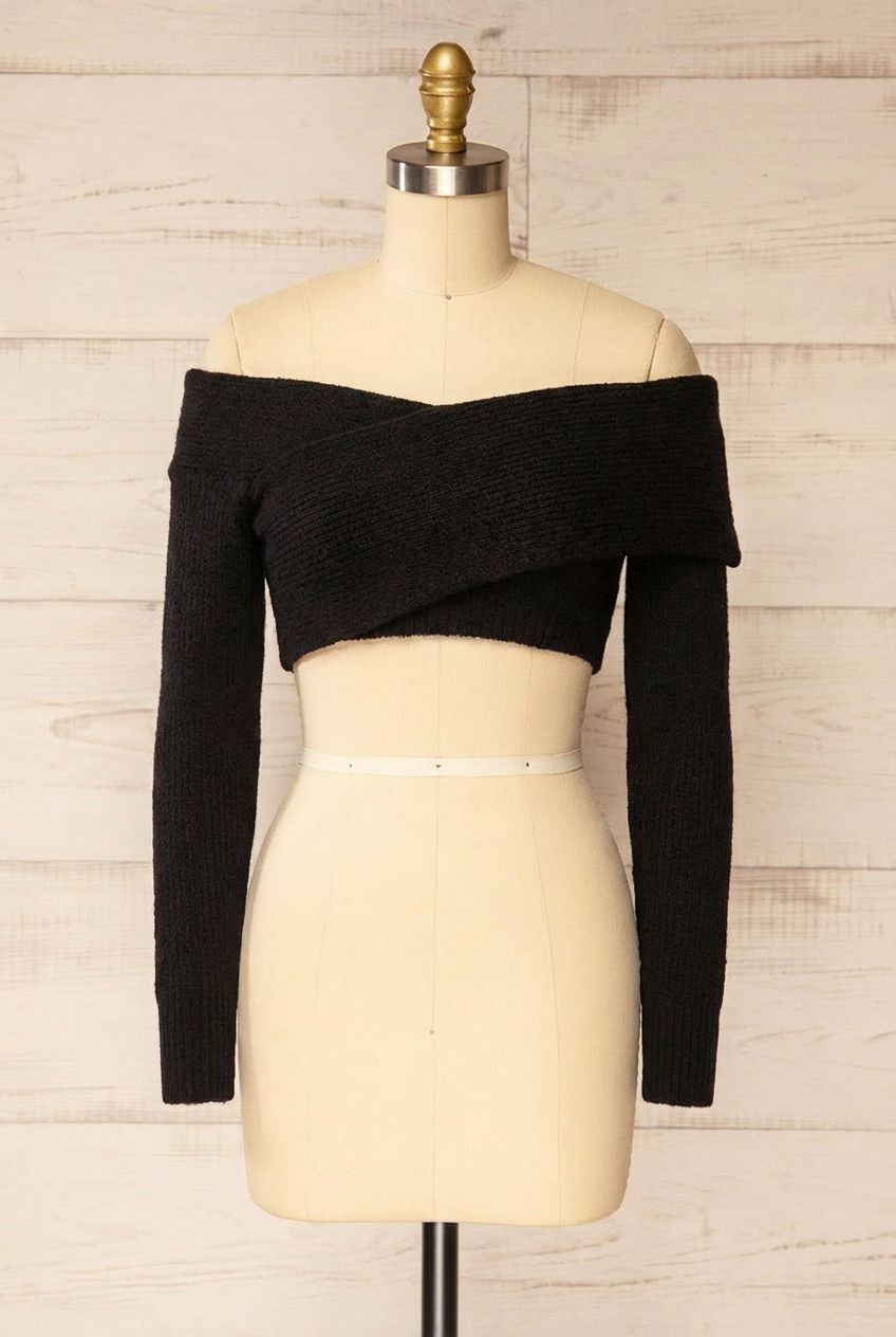 Ameca Black Knitted Convertible Crop Top | La petite garçonne front view