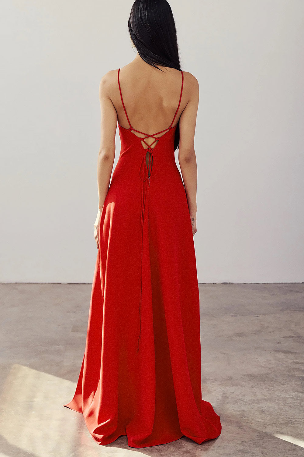 back of a woman wearing Amellia Red A-Line Maxi Dress with Front Slit from Boutique 1861 