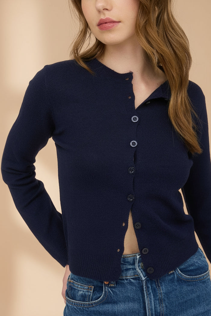 Andenes Navy Buttoned-Up Cardigan | La petite garçonne front model