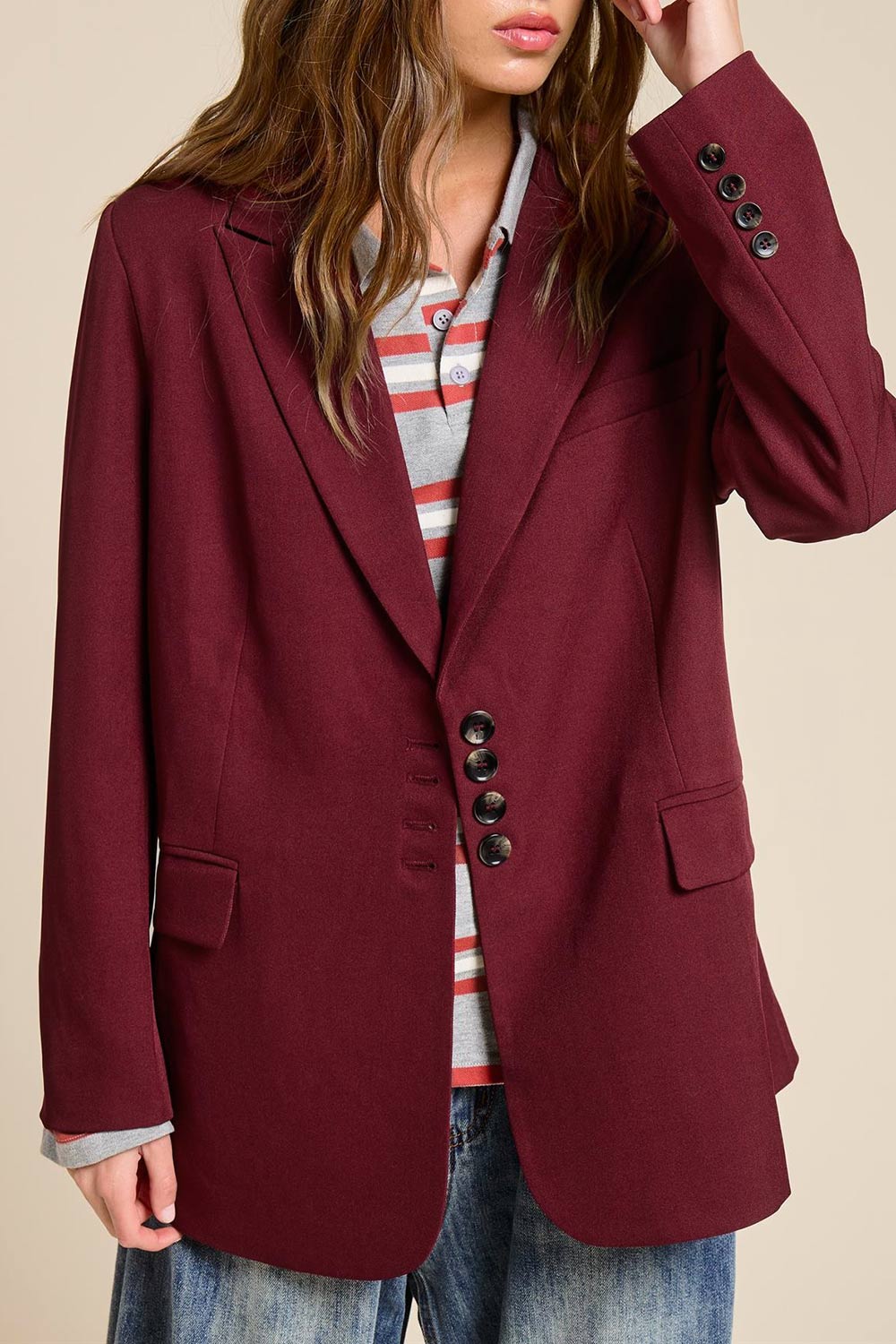 front of a woman wearing Aosta Burgundy Oversized Blazer with Back-Tie from La petite garçonne