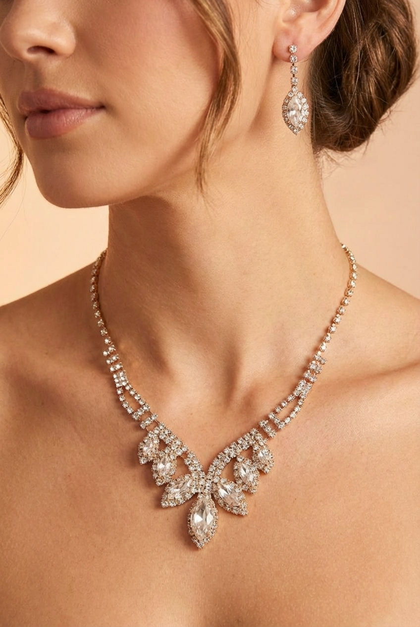 Woman wearing a gold gemstone earrings and a matching necklace called Artee from boutique 1861.