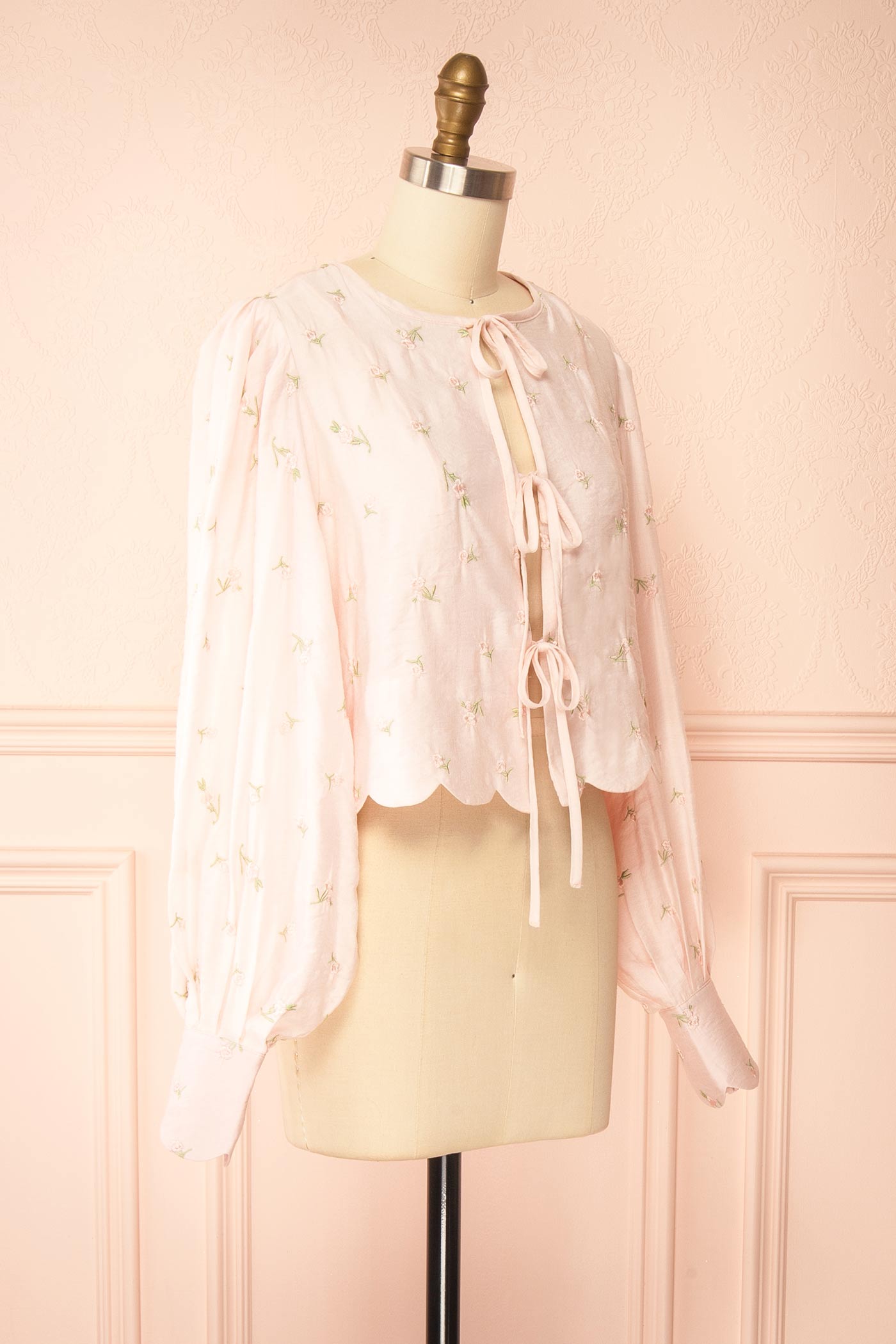 Abbette Pink Floral Embroidered Tie-Front Top with Scalloped Trim | Boutique 1861 side view