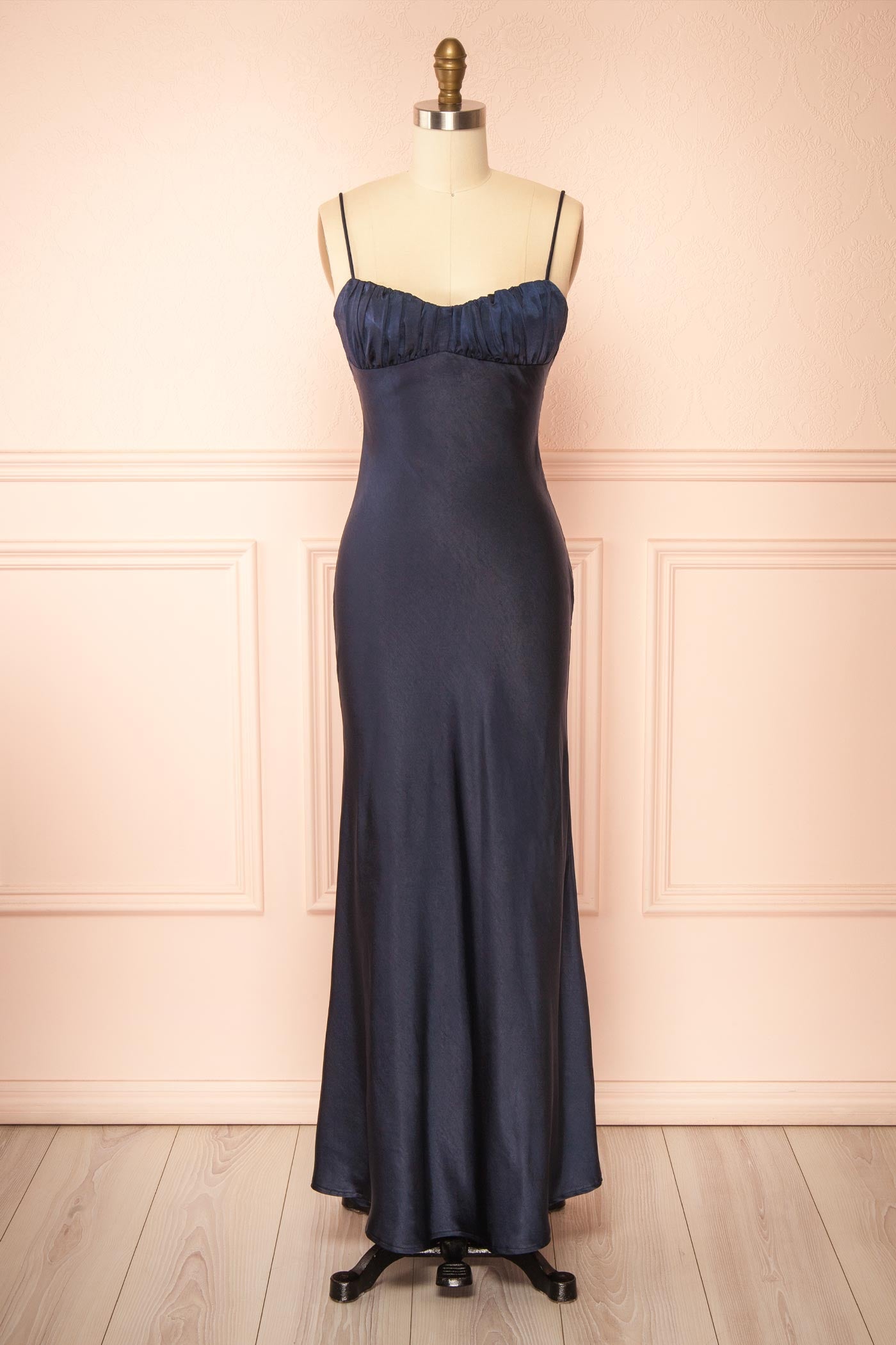 Acibelle Navy Maxi Satin Dress with Open Back | Boutique 1861 front view