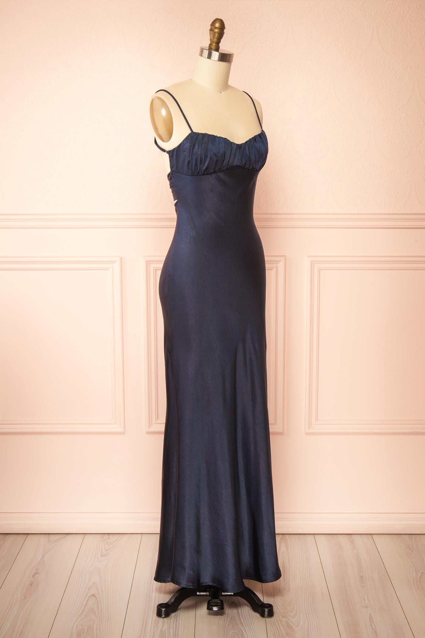 Acibelle Navy Maxi Satin Dress with Open Back | Boutique 1861 side view