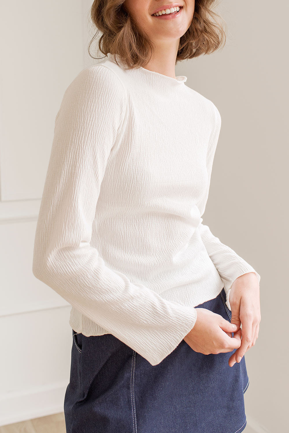 Adelle White Long Sleeve Ribbed Fitted Top | La petite garçonne close-up